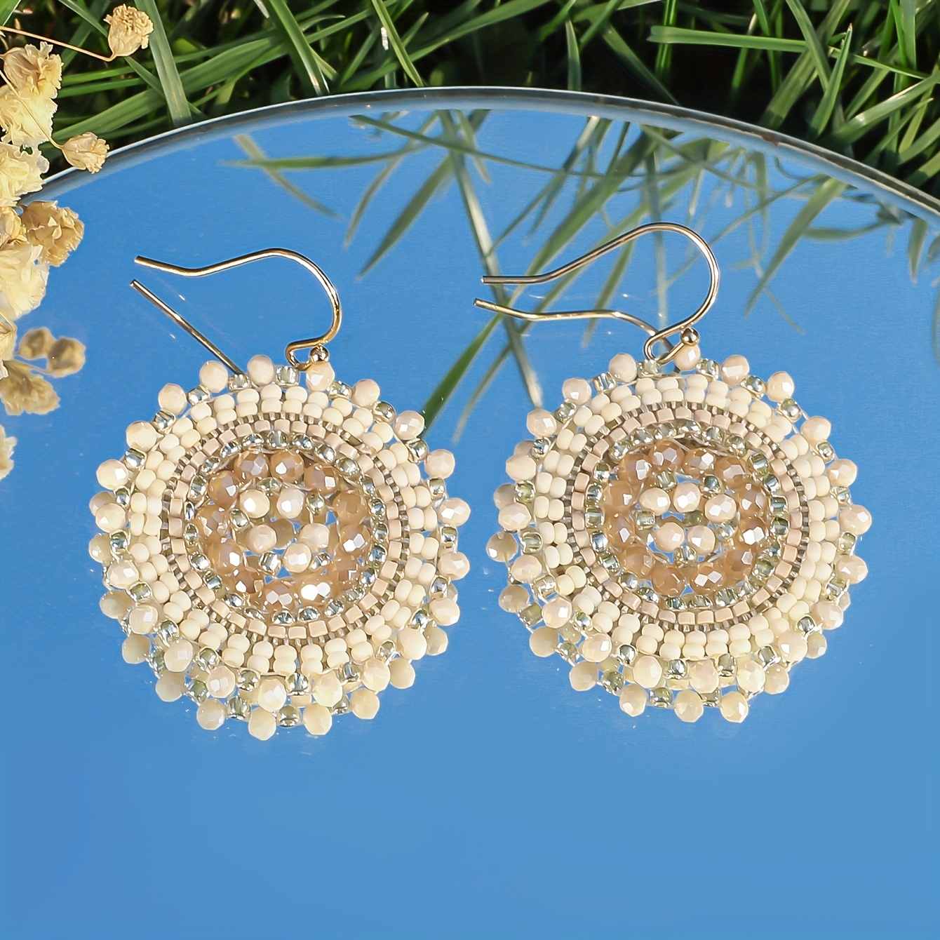 Women's Handmade Bohemian Rose-Colored Bead Round Earrings